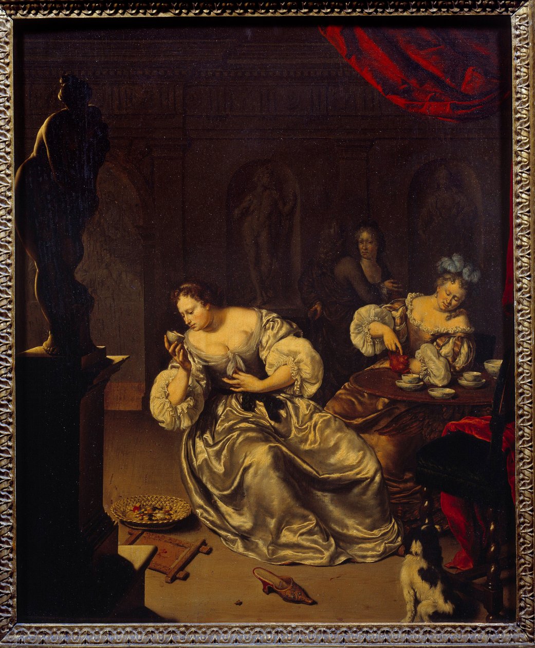 荷兰贵族的妇女在喝茶。威廉-凡-米里斯（1662-1747）（ec.holl.）的画作 18世纪的太阳。0,42x0,34米 作者 威廉·范·米耶里斯（Willem Van Mieris）