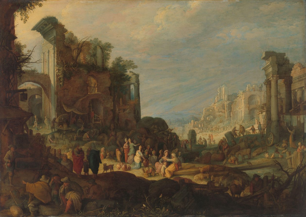 罗马遗址中的旅行者与井边的丽贝卡和以利泽 作者 Willem van Nieulandt (II)（归属于）