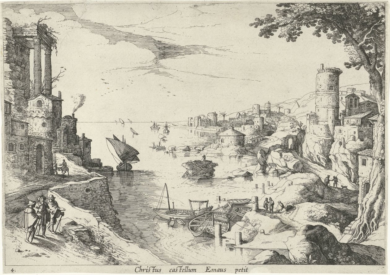 以马忤斯的门徒风景画
Christus castellum Emaus petit（物品上的标题）
带有圣经场景的意大利风景画（系列名称） 作者 威廉·范尼兰特 (II)