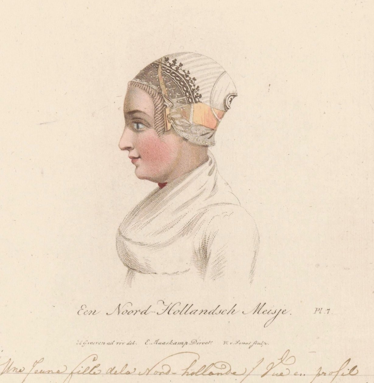 北荷兰女孩的头饰，1816 年
北荷兰女孩 / Une Jeune fille de la Nord-hollande / Vue en profil（标题在实物上） 作者 威廉·范塞努斯