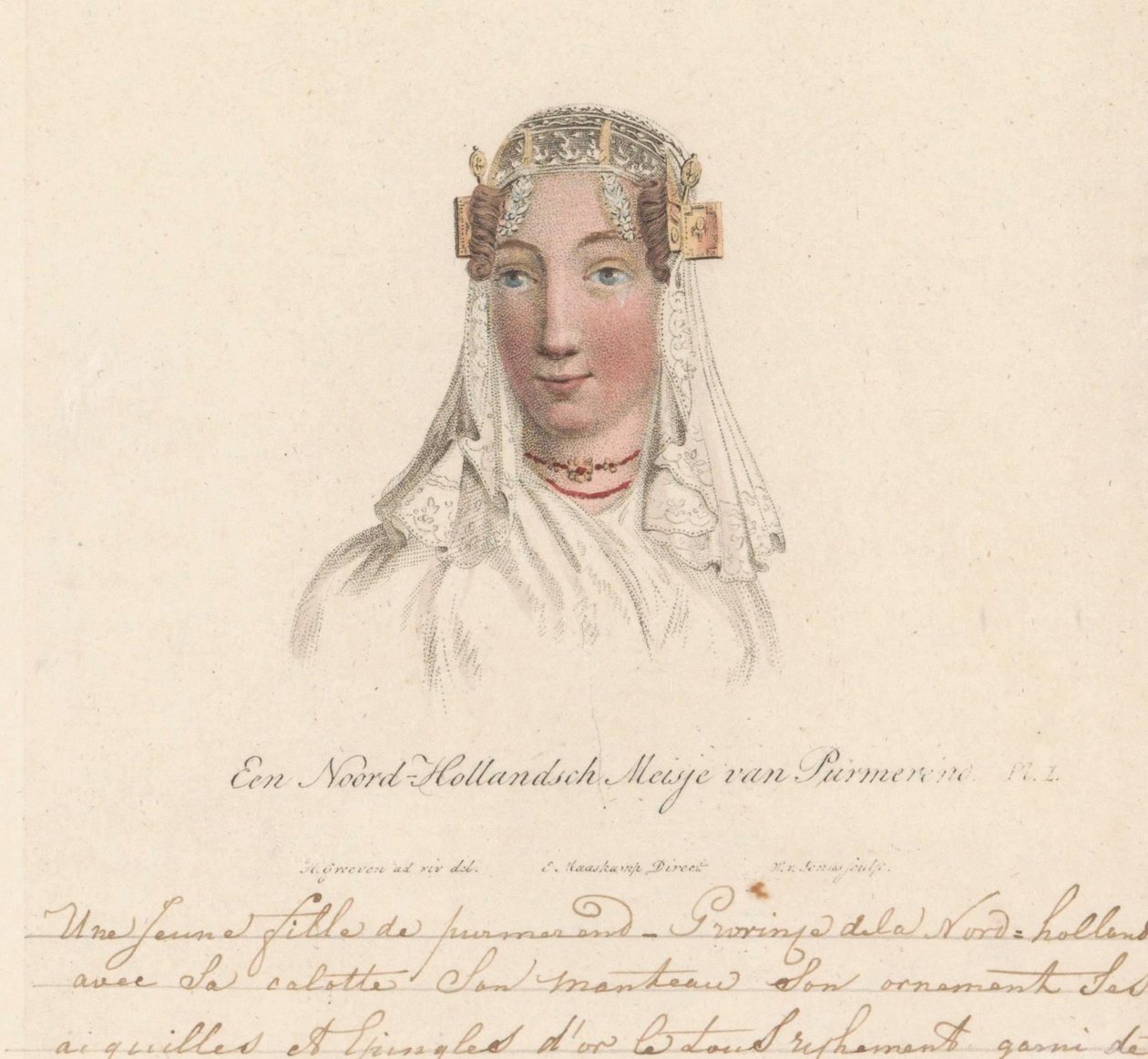 珀默伦德女孩的头饰，1816 年
一个来自珀默伦德的北荷兰女孩/Une Jeune fille de purmerend - Province dela Nord-hollande avec sa calotte son manteau son ornament ses aiguilles et epingles d