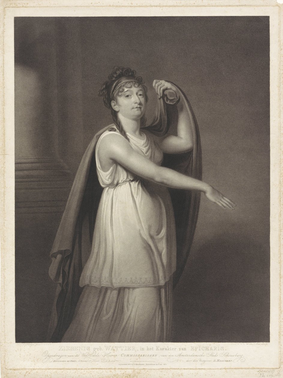 约翰娜-科妮莉亚-齐塞尼斯-瓦蒂埃肖像
Ziesenis geb. Wattier, in the Character of Epicharis（标题在实物上） 作者 威廉·范塞努斯