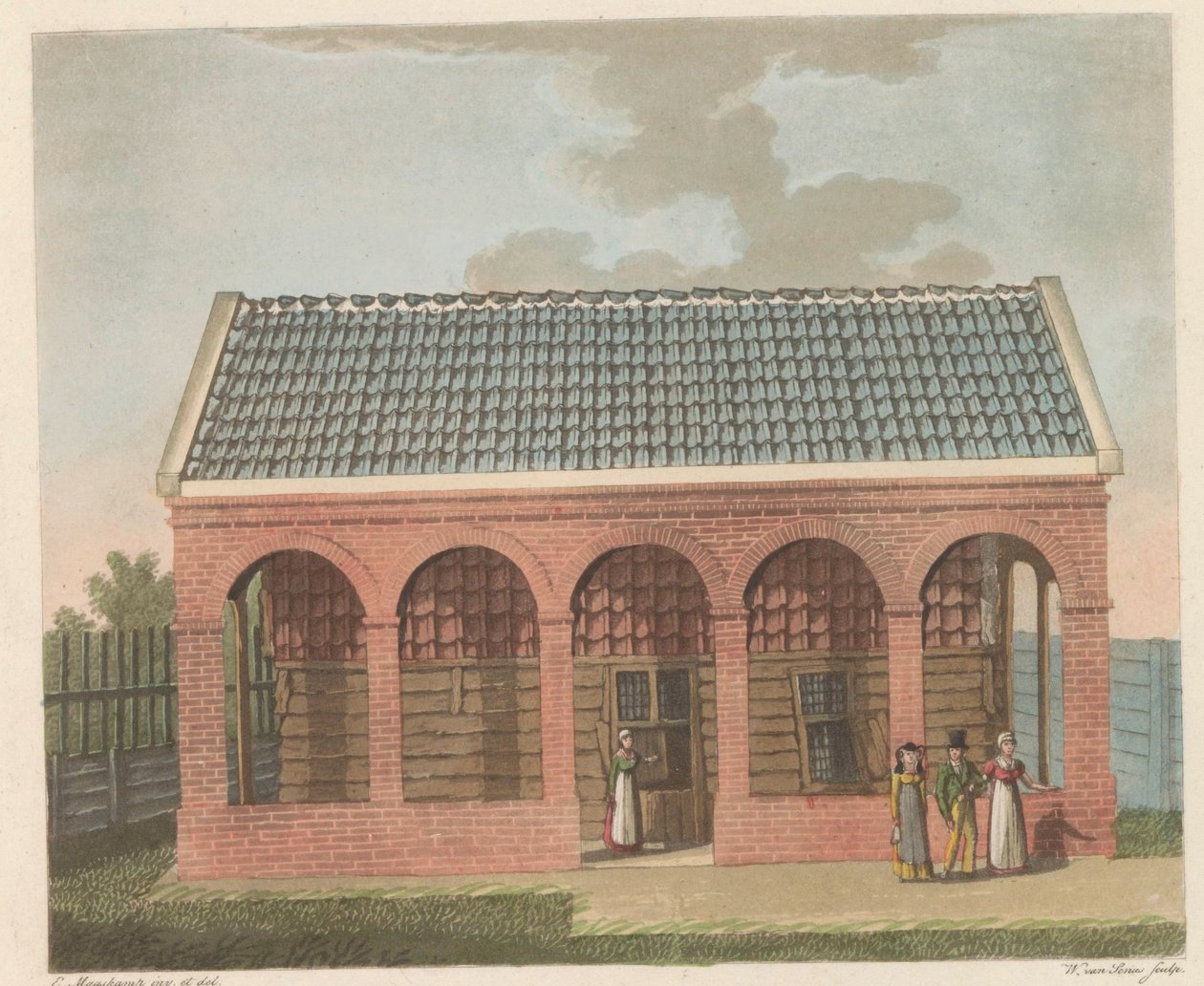 沙皇 Peterhuisje 在赞丹，1824 年 1697 年沙皇彼得·登·格鲁滕 (Peter den Grooten) 居住在赞丹 (Zaandam) 的房子 / 1697 年沙皇皮埃尔·勒·格兰德·赞丹 (Czar Pierre le Grand à Zaandan) 创作的 La Chaumière Habitée（物品上的标题） 作者 威廉·范塞努斯