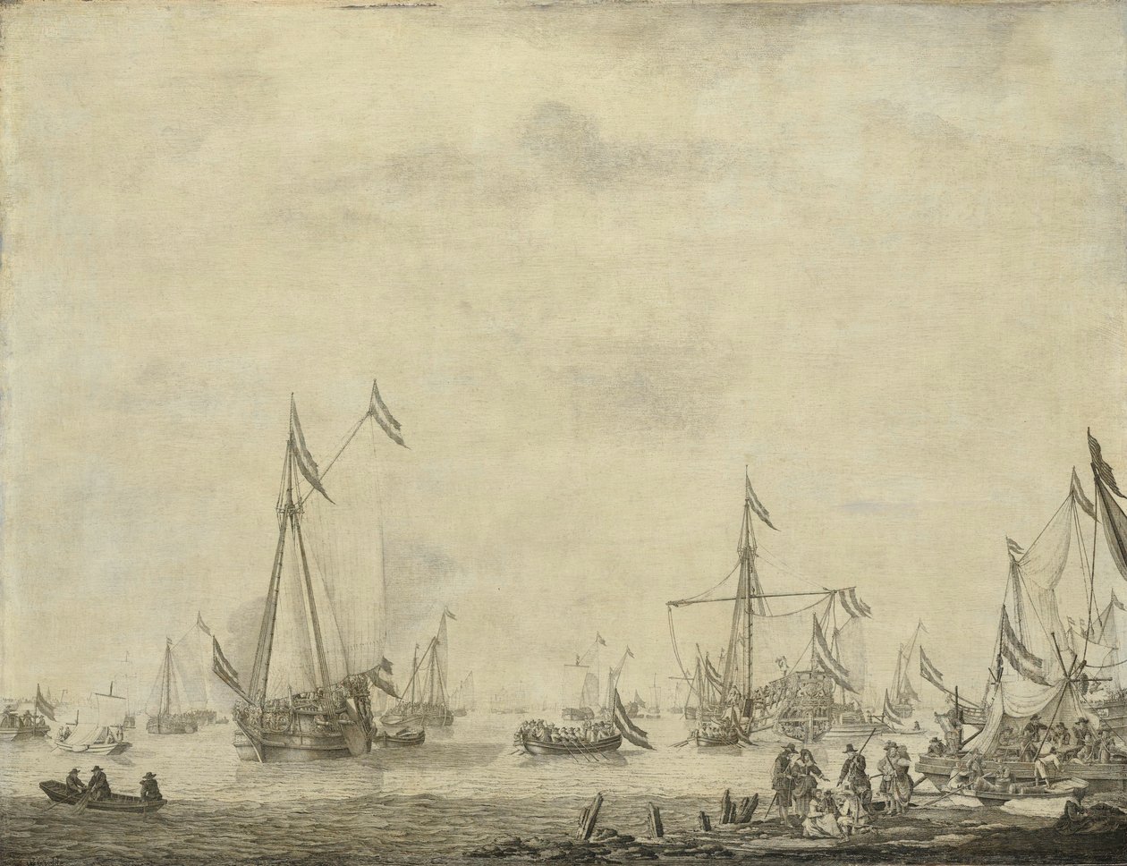 1660 年，皇家游艇和国家游艇从莫尔戴克出航，英国国王查尔斯二世在船上 作者 威廉·范德维尔德（一）