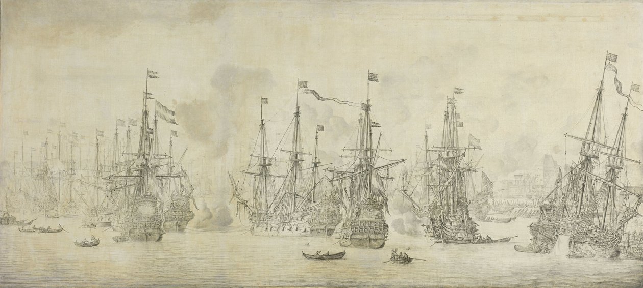 1665 年 8 月 12 日英国人在挪威卑尔根港袭击回航舰队失败：第二次英荷战争中的一个插曲 作者 威廉·范德维尔德（一）