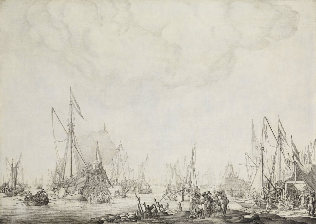 皇家和国家游艇，可能是英国查理二世抵达莫尔戴克，1660 年 作者 威廉·范德维尔德（一）