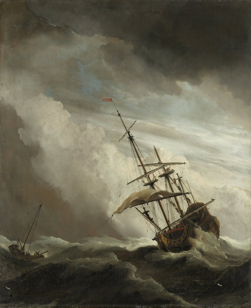 公海上的一艘船，被称为Gust的Squall，1680年 作者 威廉·范德维尔德