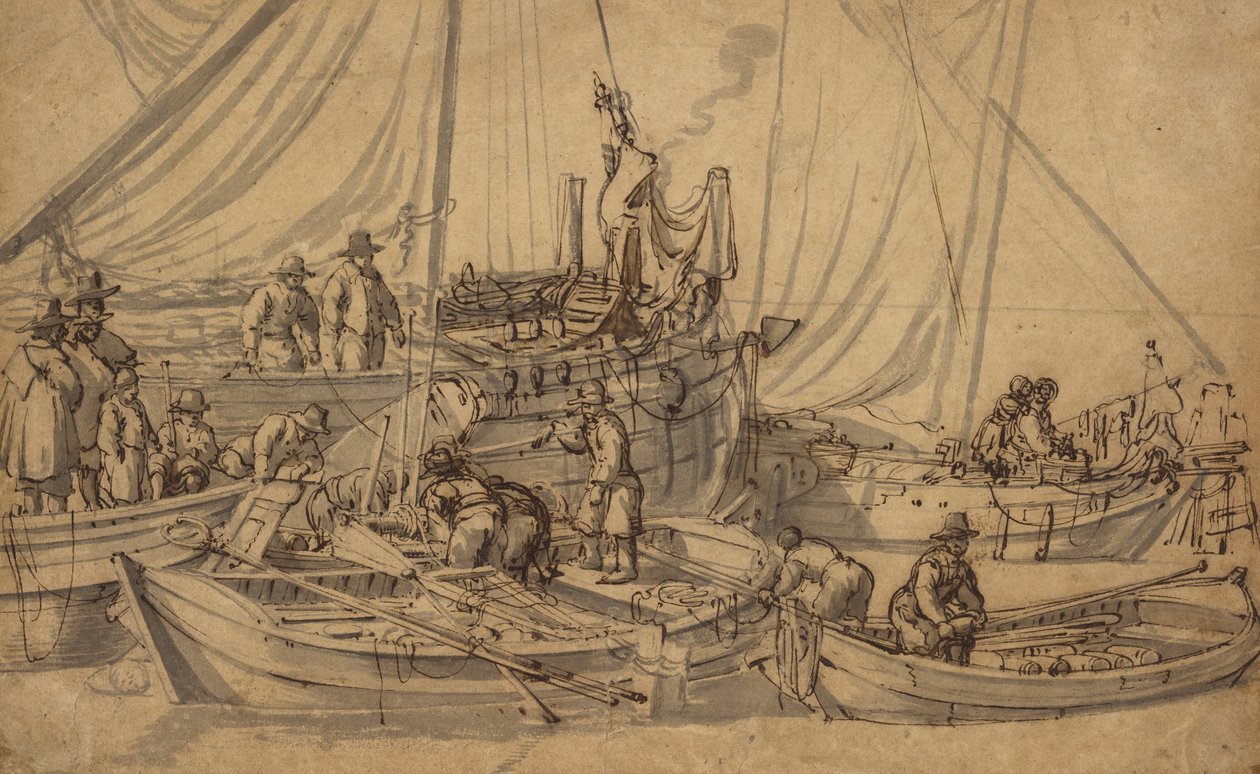小型商船上的数字，c.1650-5（笔，棕色墨水和水洗画） 作者 威廉·范德维尔德