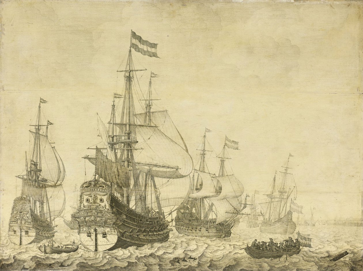 与荷兰战争包括德伦特和弗雷德里克 - 亨利王子的海景，1670年（在小组上绘画） 作者 威廉·范德维尔德
