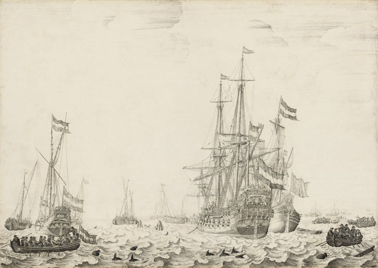 1650年代初，海岸附近的荷兰船只。 作者 威廉·范·德·维尔德一世
