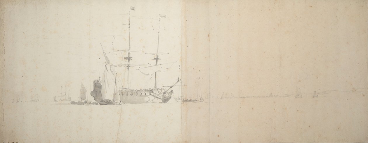 一艘在陆地抛锚的荷兰船只，约 1666 年（石墨） 作者 威廉·范·德·雅戈尔·维尔德