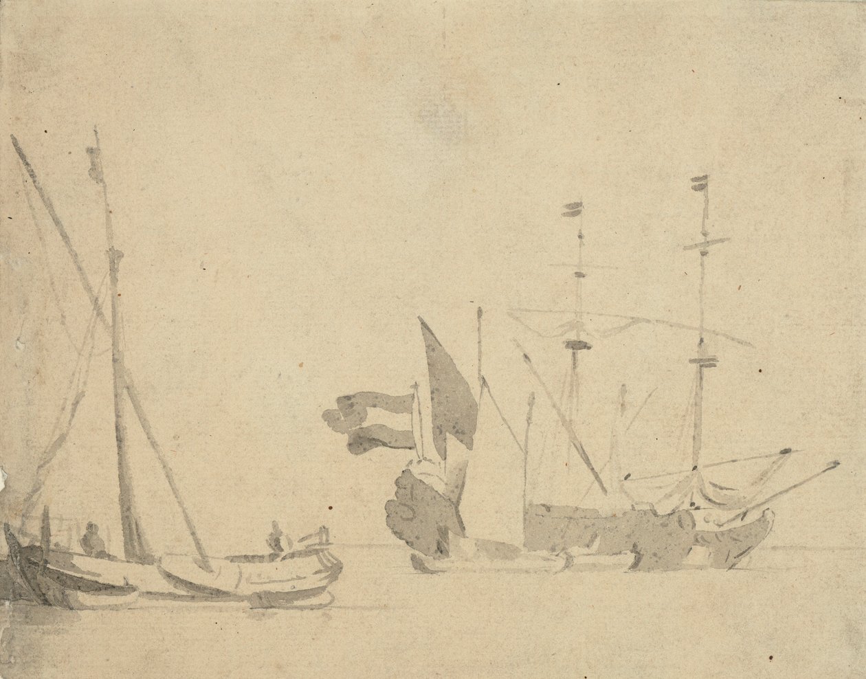 码头上的一艘船和一艘起锚的荷兰船，约 1665 年（灰水彩画） 作者 威廉·范·德·雅戈尔·维尔德