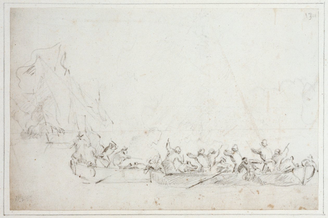 约 1675 年，荷兰或英国海盗与巴巴利海盗在船上的搏斗（粉笔画） 作者 威廉·范·德·雅戈尔·维尔德