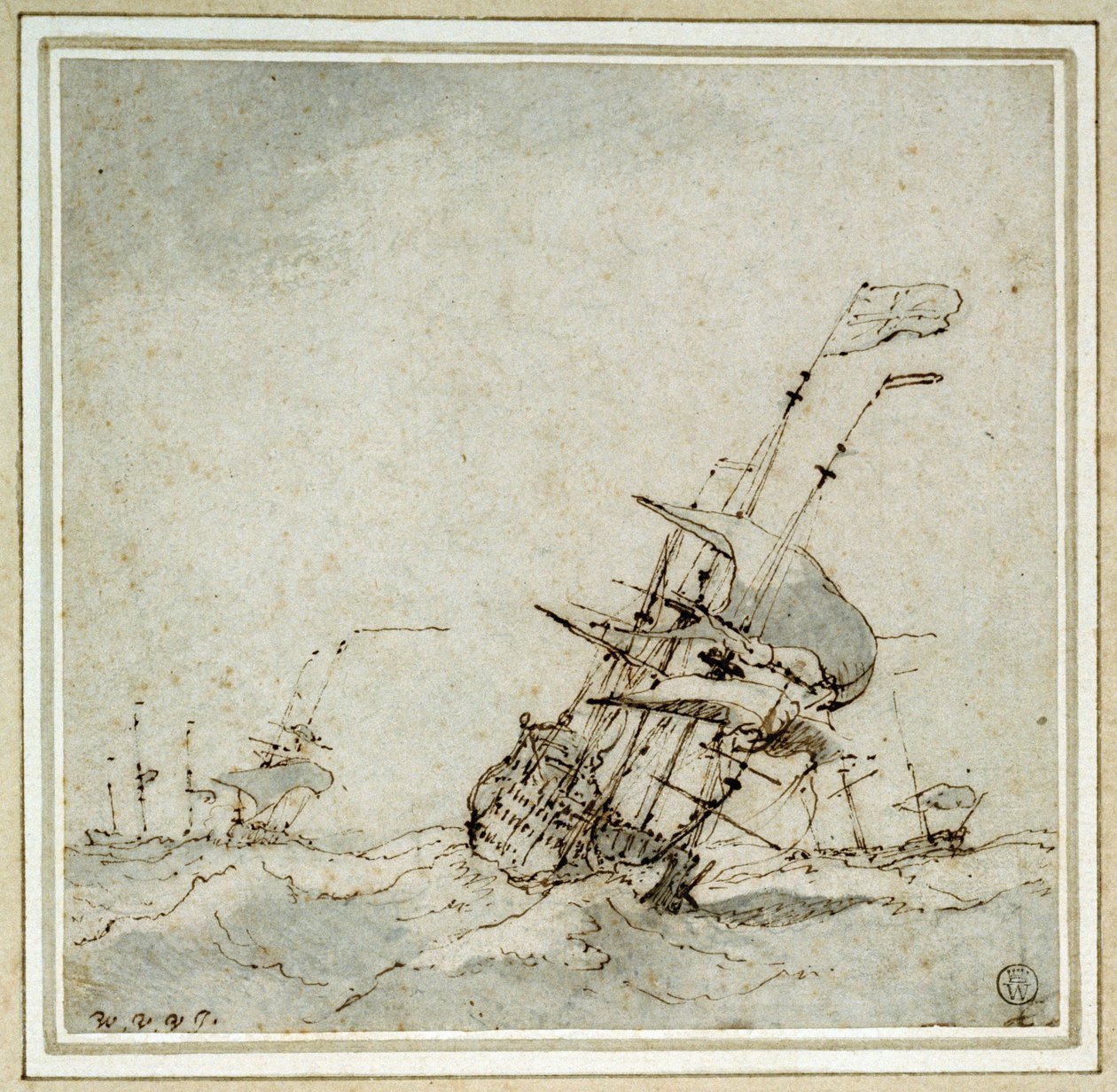 一艘旗舰（旗手）正加速逃离风暴。年轻的威廉-凡-德-维尔德（Willem van de Velde the Younger，1633-1707 年）绘制，约 1700 年完成。 作者 威廉·范·德·雅戈尔·维尔德