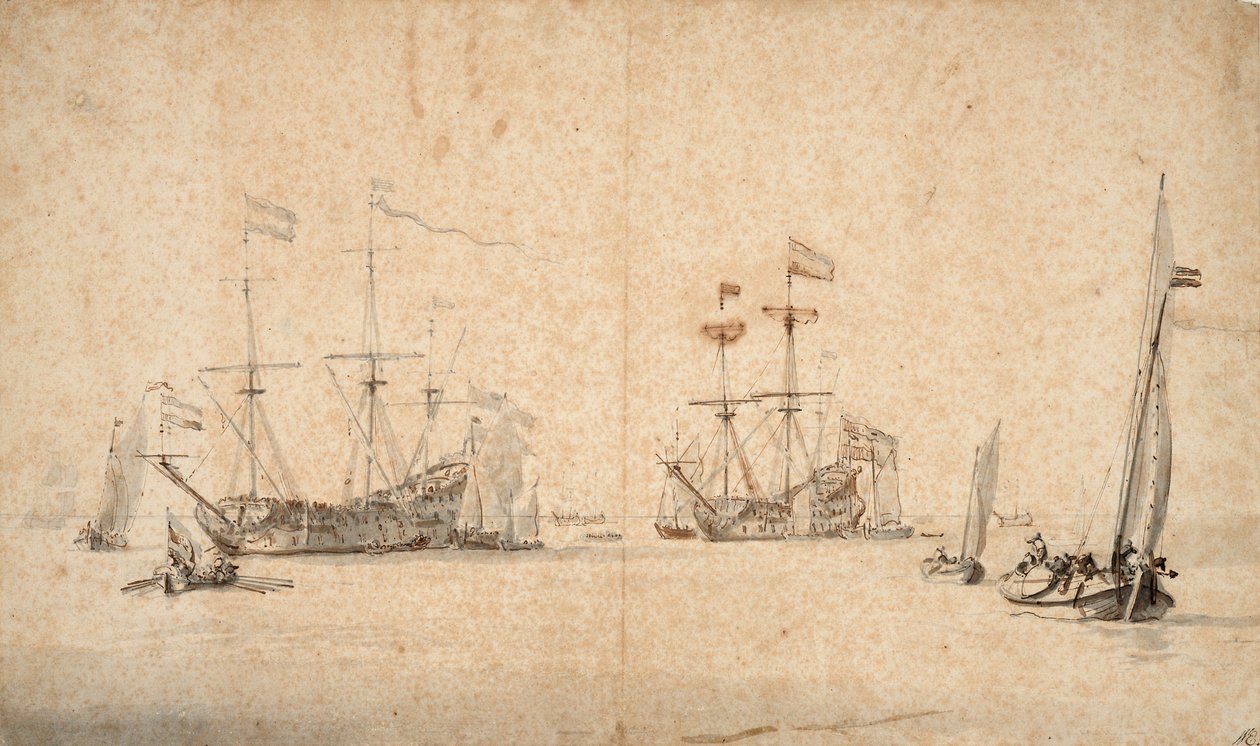 一艘自由航行的 kaag 和两艘起锚的荷兰旗舰，约 1665 年（钢笔、棕色墨水、灰色水彩） 作者 威廉·范·德·雅戈尔·维尔德