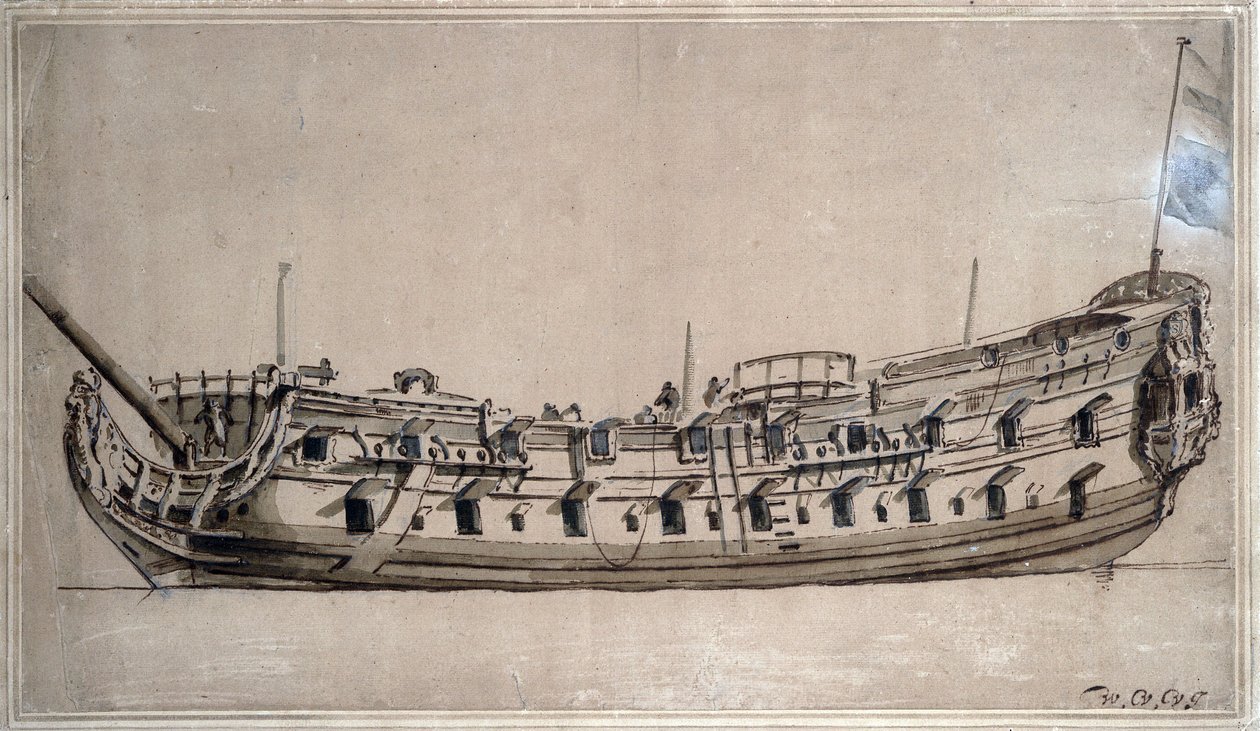 英国四等船，有 42 门炮，建于 1675 年左右。小威廉-凡-德-维尔德（1633-1707 年）的水墨画 作者 威廉·范·德·雅戈尔·维尔德