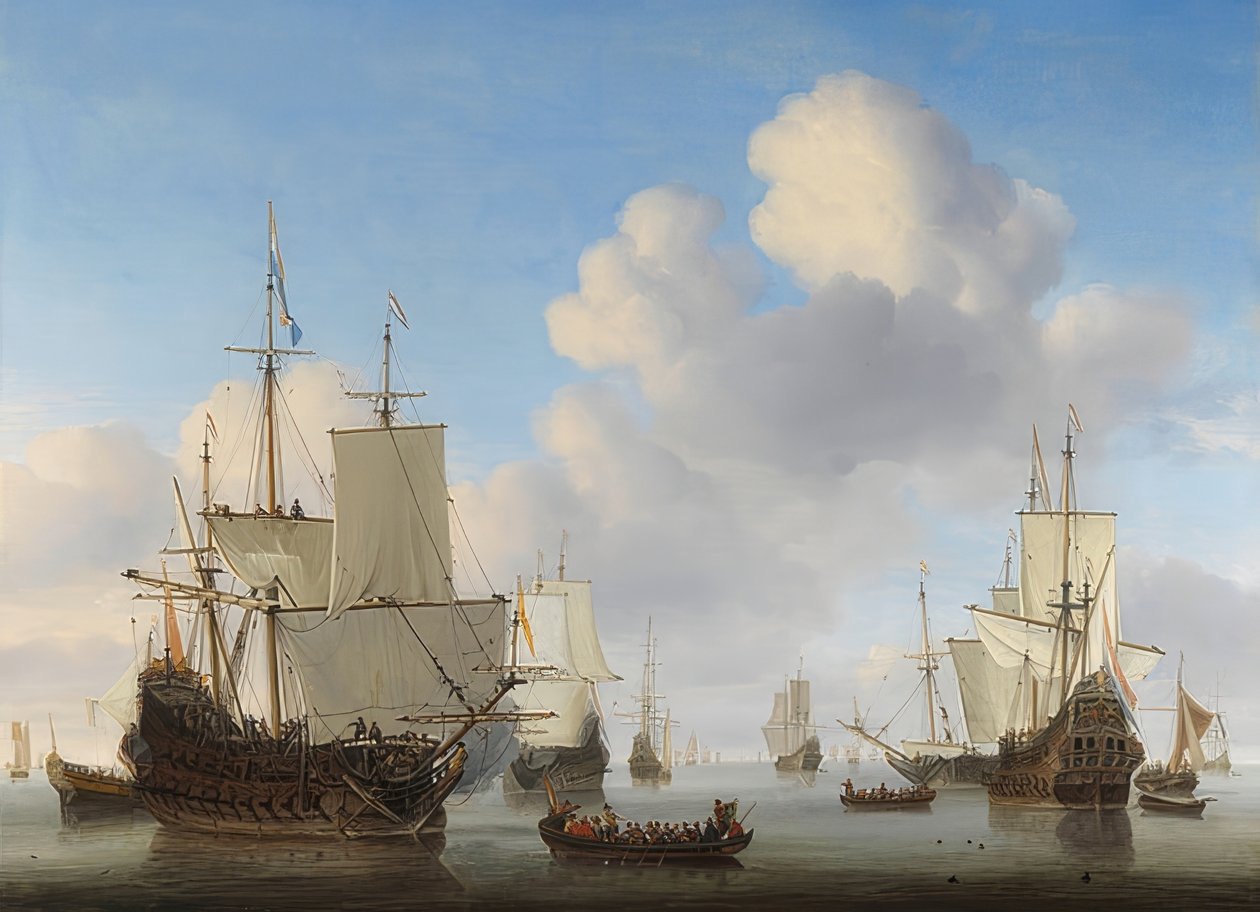 在风平浪静的荷兰船。约于1665年 作者 威廉·范·德·韦尔德