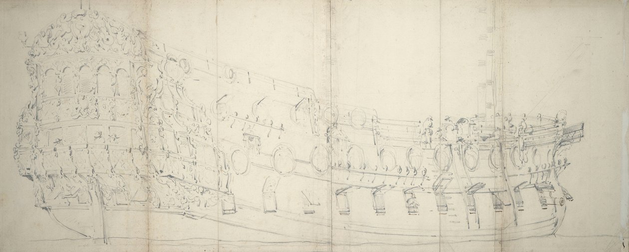 一艘英国三流船只的肖像，约 1680 年（石墨、钢笔、墨水） 作者 威廉·范·德·雅戈尔·维尔德