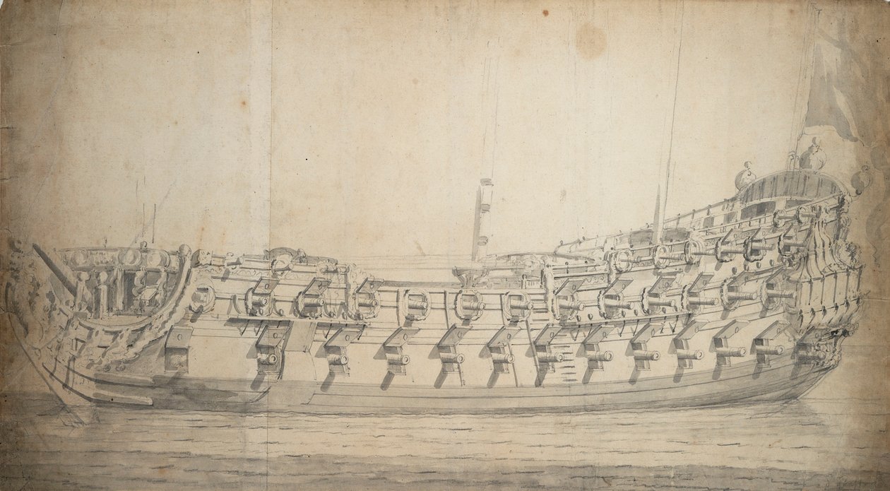 格拉夫顿号 "肖像，三等船，建于 1679 年，重建于 1700 年，约 1680 年（石墨，灰水彩） 作者 威廉·范·德·雅戈尔·维尔德