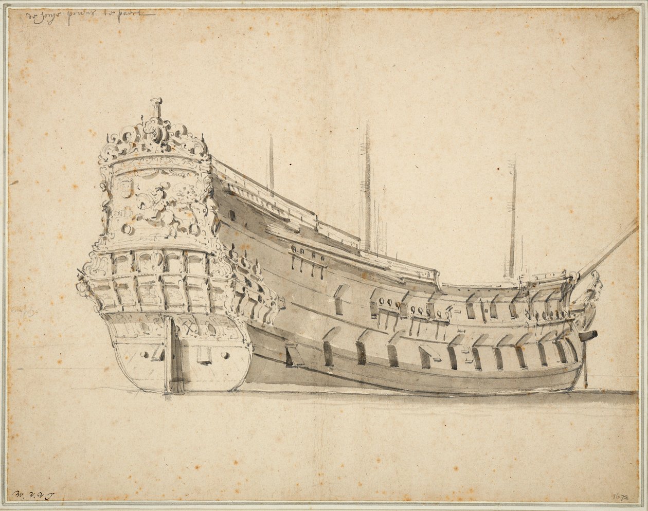 Prins te Paard "号肖像，建于约 1658 年，沉没于 1683 年，约 1666 年（石墨，灰水彩） 作者 威廉·范·德·雅戈尔·维尔德