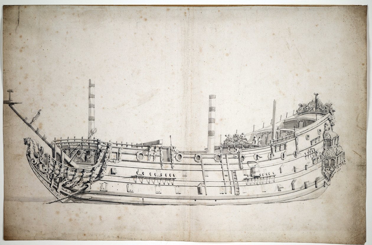 凯旋号"（或 "圣乔治号"）的肖像，该船有 70 门大炮，建于 1623 年，船头的人物代表海神和两只海马，有三层完整的甲板 作者 威廉·范·德·雅戈尔·维尔德