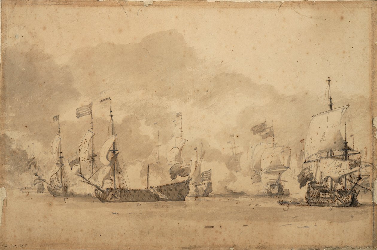 特克塞尔海战（Kijkduijn），1673 年 8 月 11-21 日，约 1673 年（石墨，灰水墨） 作者 威廉·范·德·雅戈尔·维尔德