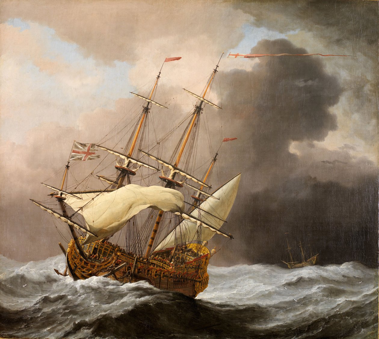 大风中的英国船只汉普顿宫，1678-80。   作者 威廉·范·德·韦尔德