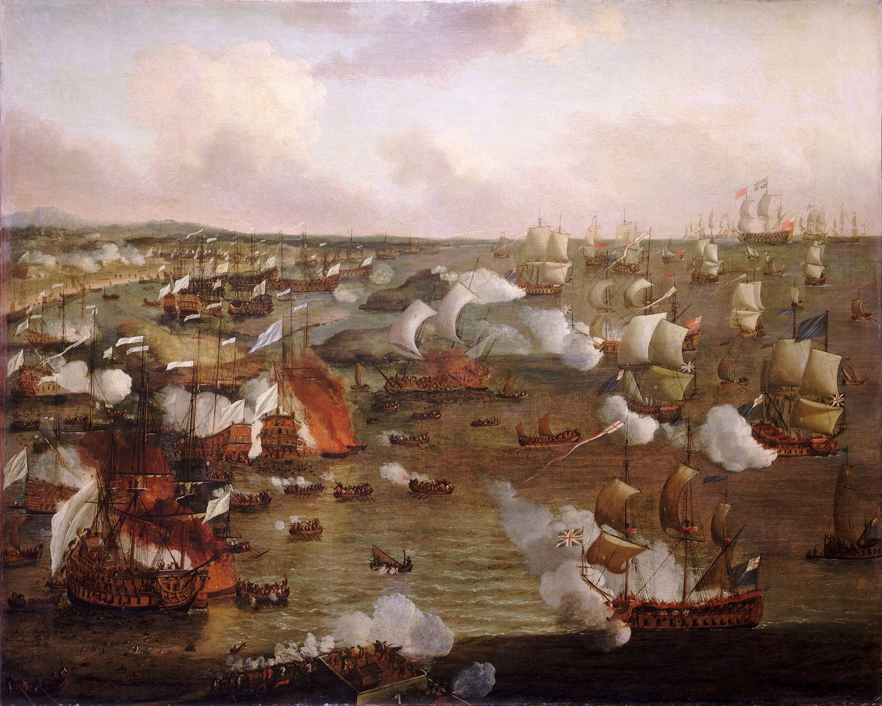 1692 年 5 月 23 日，拉霍格战役中法国船只被烧毁，17 世纪末（布面油画） 作者 威廉·范·德·雅戈尔·维尔德