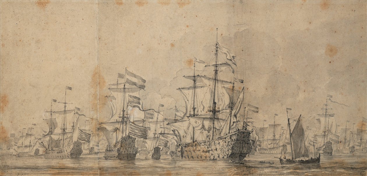 皇家王子 "的投降，1666 年 6 月 3-13 日，约 1666 年（石墨，灰水彩） 作者 威廉·范·德·雅戈尔·维尔德