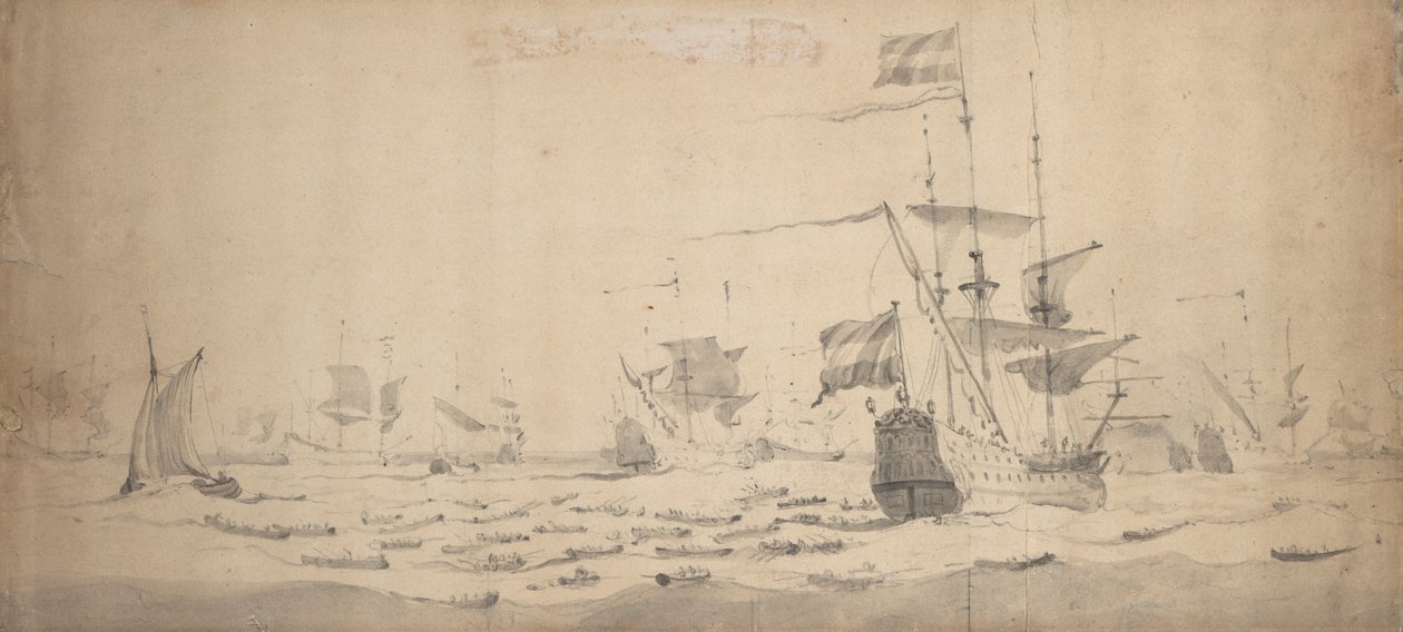 微风中卧倒的荷兰舰队：战争会议，约 1665 年（石墨，灰水彩） 作者 威廉·范·德·维尔德·韦尔德