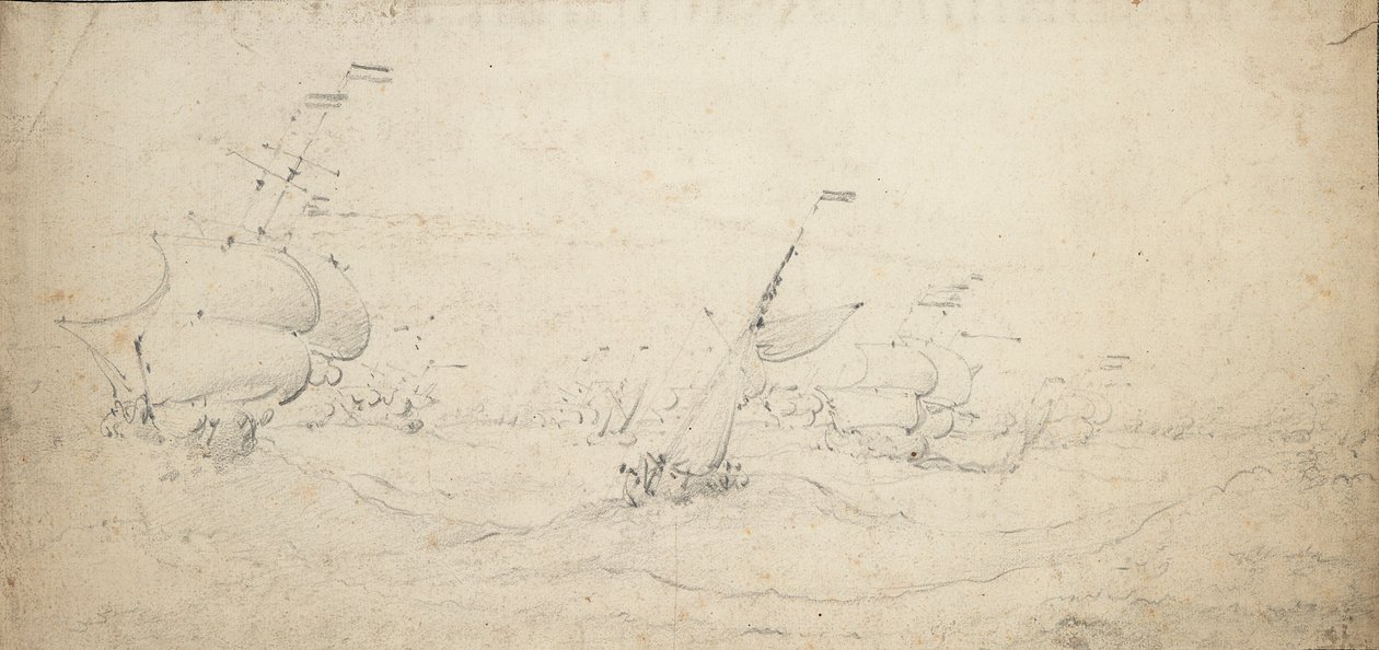 荷兰后方中队在大海上迎风前进，约 1672 年（石墨） 作者 威廉·范·德·维尔德·韦尔德