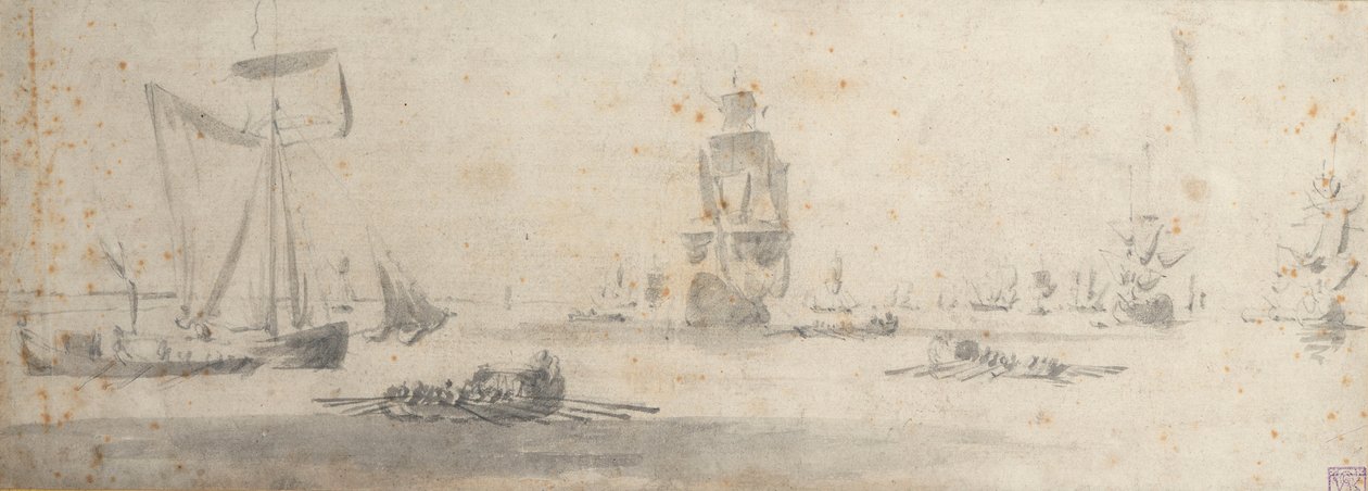 轻风中的加略号和几艘驳船，约 1681 年（石墨，灰水彩） 作者 威廉·范·德·维尔德·韦尔德