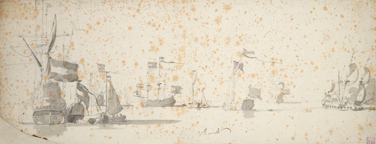 一艘美国游艇和停泊的荷兰船只，约 1664 年（石墨，灰水彩） 作者 威廉·范·德·维尔德·韦尔德