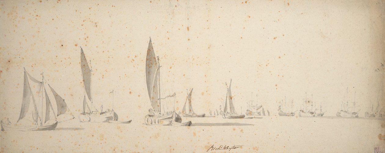 微风中的吃水船、wijdschips 和 waterschips，约 1664 年（石墨、灰水彩画） 作者 威廉·范·德·维尔德·韦尔德
