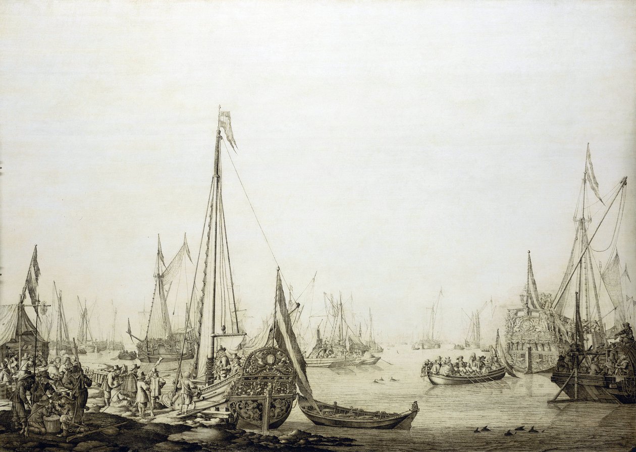 这幅画描绘了拥挤港口中的各种船只，在历史上与 1660 年英国查理二世（1630-1685 年）在恢复英国王位期间前往海牙（荷兰）的航行有关。 作者 威廉·范·德·维尔德·韦尔德