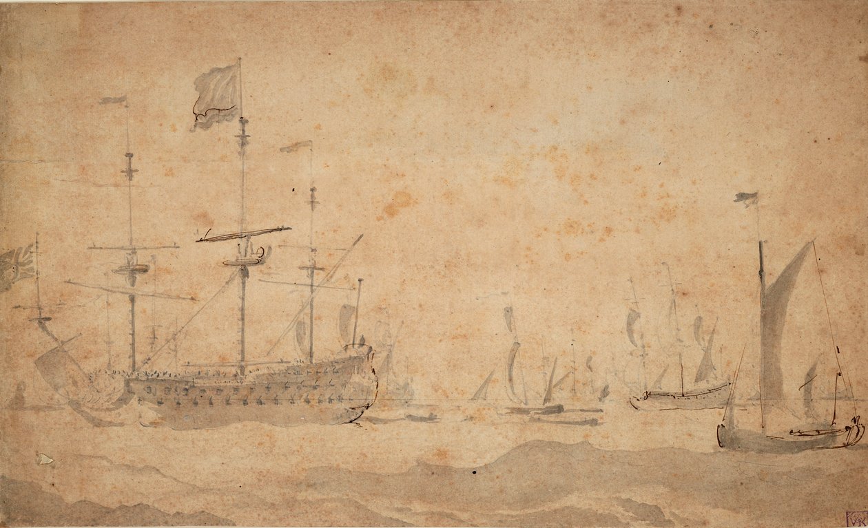 一艘起锚的英国旗舰，可能于 1673 年 6 月，约 1673 年（灰水印） 作者 威廉·范·德·维尔德·韦尔德