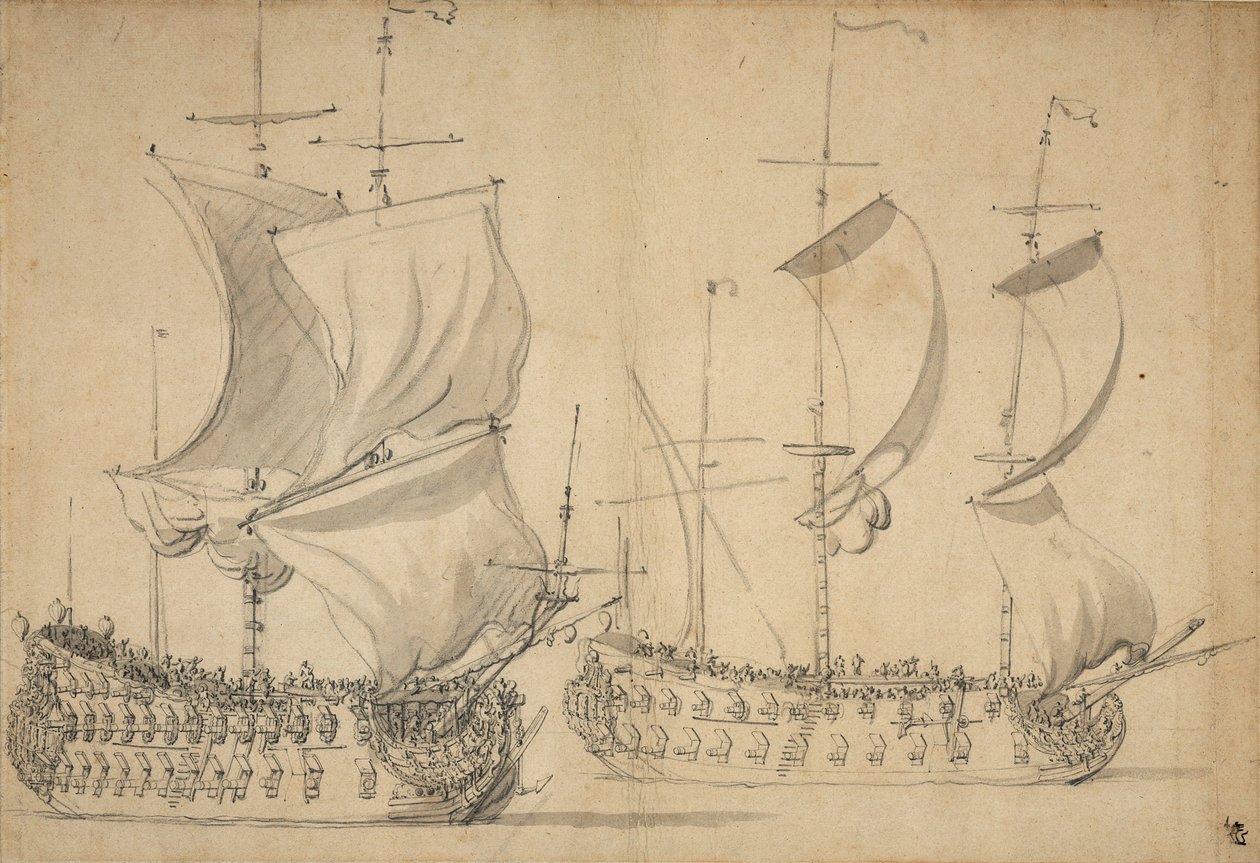 轻松航行中的英国三等舱和四等舱，约 1677 年（铅笔、水彩） 作者 威廉·范·德·维尔德·韦尔德
