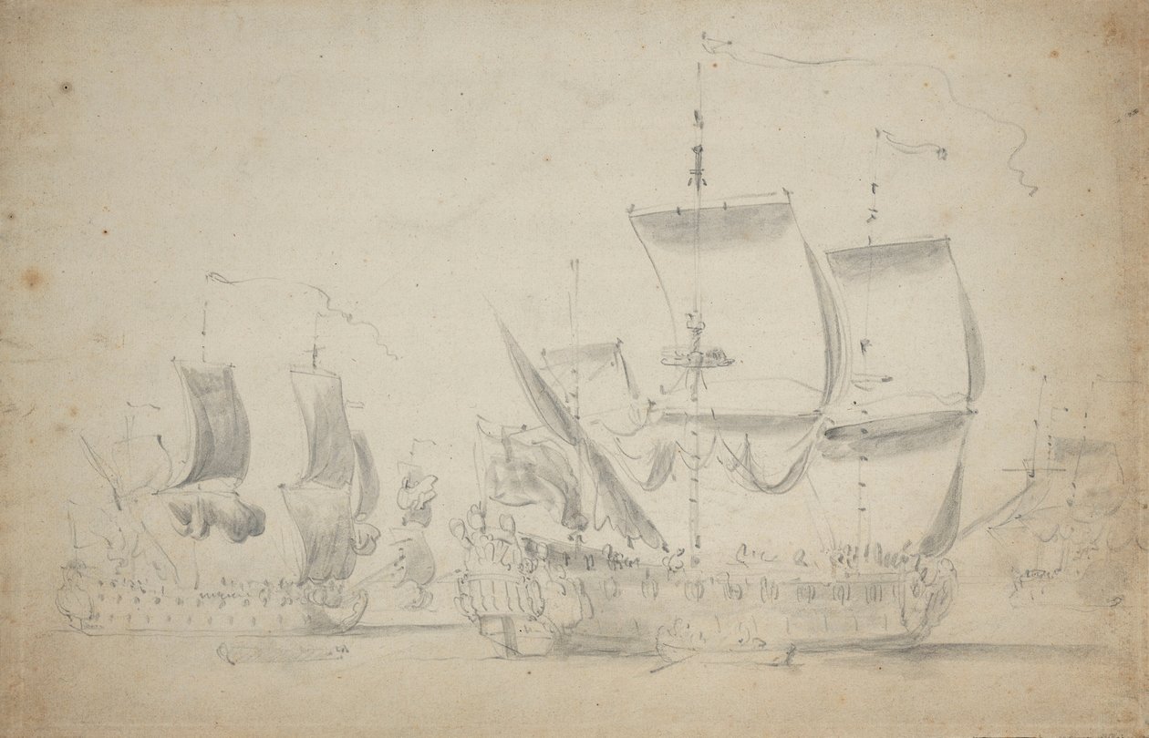 英国双层帆船，约 1675 年（铅笔、水彩） 作者 威廉·范·德·维尔德·韦尔德