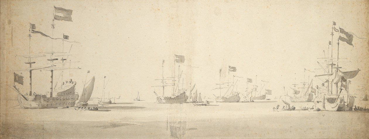 停泊的荷兰旗舰，旁边有船，约 1664 年（石墨，灰水彩） 作者 威廉·范·德·维尔德·韦尔德