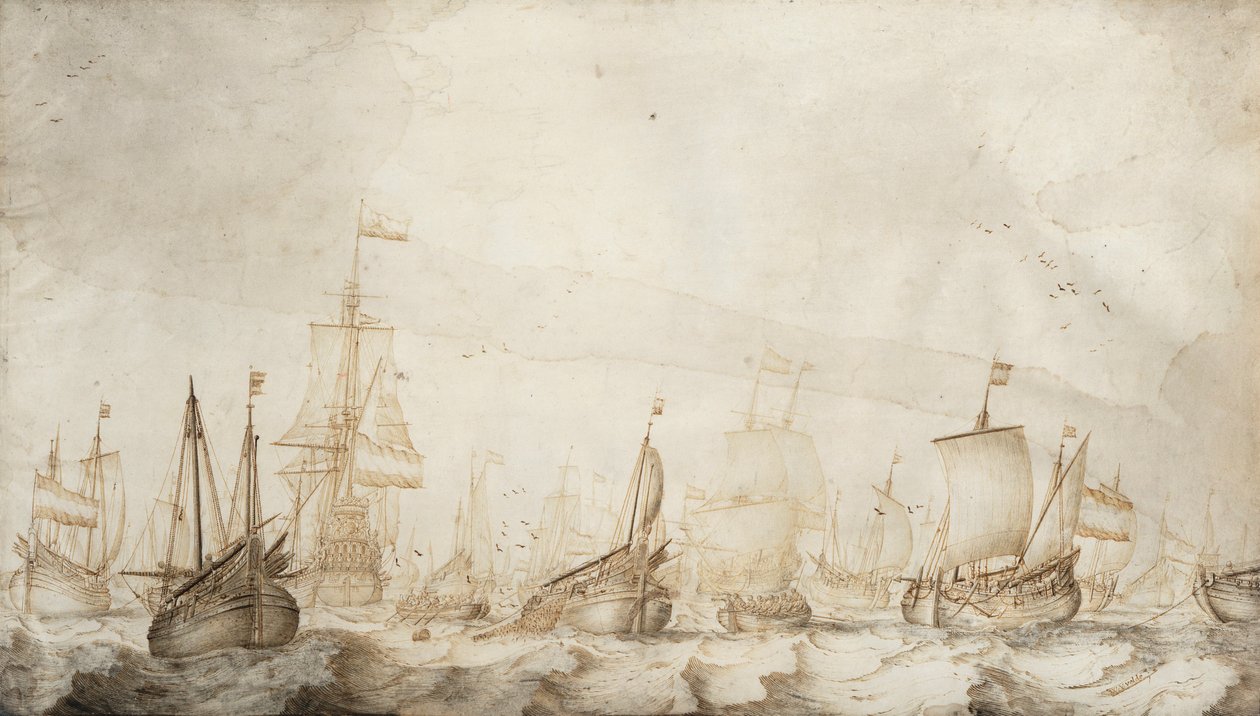 北海的荷兰鲱鱼渔船。水墨画（27.4x47.6 厘米），老威廉-凡-德-维尔德（William van de Velde the Elder，约 1611-1693 年）作，约 1650 年。 作者 威廉·范·德·维尔德·韦尔德