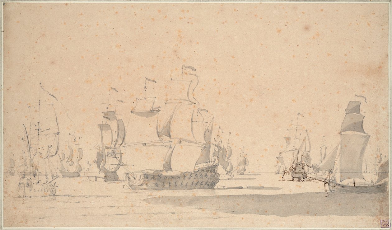 1673 年 6 月，微风中的英国船只，一艘凯奇艇和一艘加里奥特艇，约 1673 年（铅笔、水彩、钢笔、棕色墨水） 作者 威廉·范·德·维尔德·韦尔德