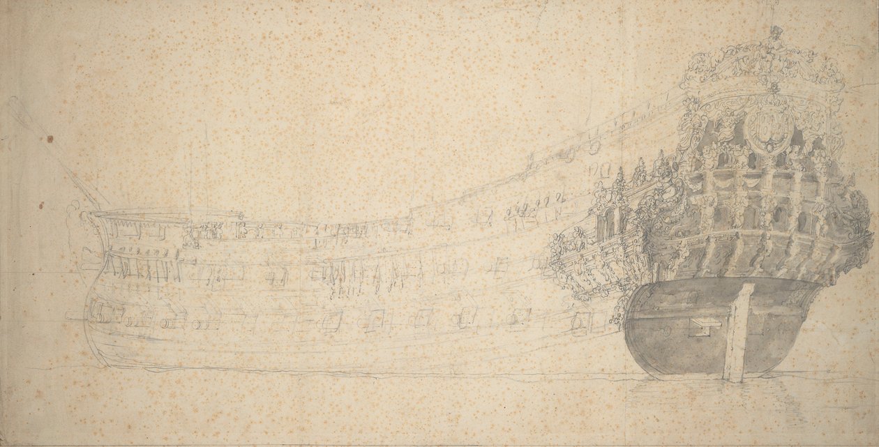 一艘法国双层帆船的肖像。1666-67 年建于荷兰，约 1667 年（石墨） 作者 威廉·范·德·维尔德·韦尔德