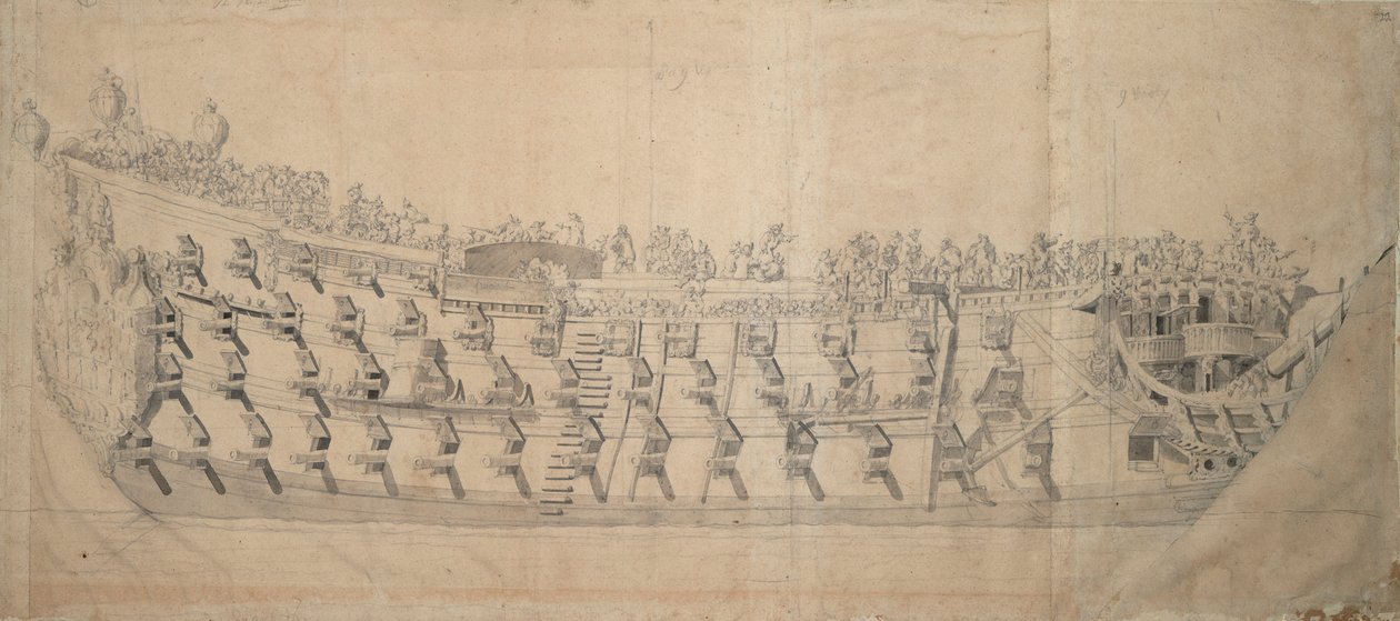 英国轮船 "查尔斯 "号肖像，约 1676 年（石墨、灰水彩） 作者 威廉·范·德·维尔德·韦尔德