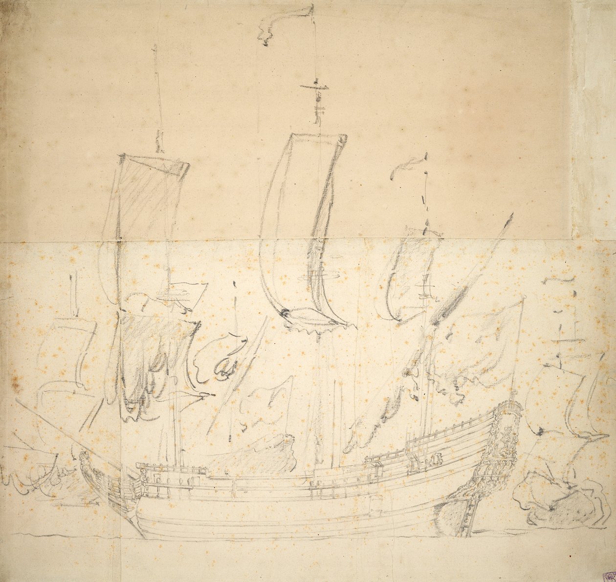 乔治 "号的肖像？1672 年购买的消防船，6 门炮，1674 年因地基问题沉没，约 1673 年（胶印，黑色粉笔画） 作者 威廉·范·德·维尔德·韦尔德