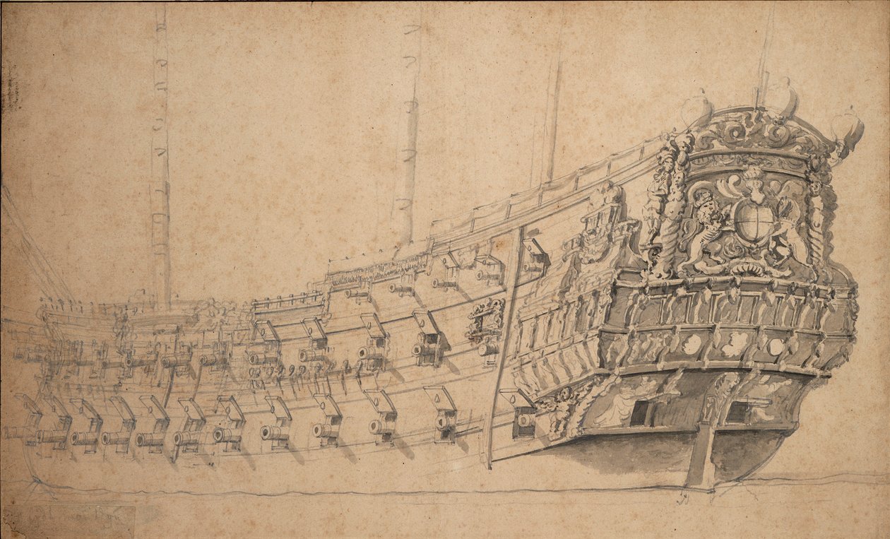 蒙塔古》肖像，约 1661 年（石墨、灰水彩） 作者 威廉·范·德·维尔德·韦尔德