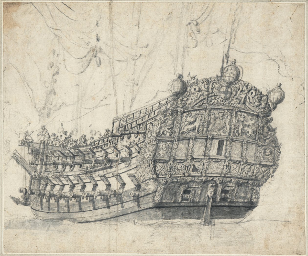 老虎 "肖像（1678 年），约 1681 年（石墨，灰水彩） 作者 威廉·范·德·维尔德·韦尔德