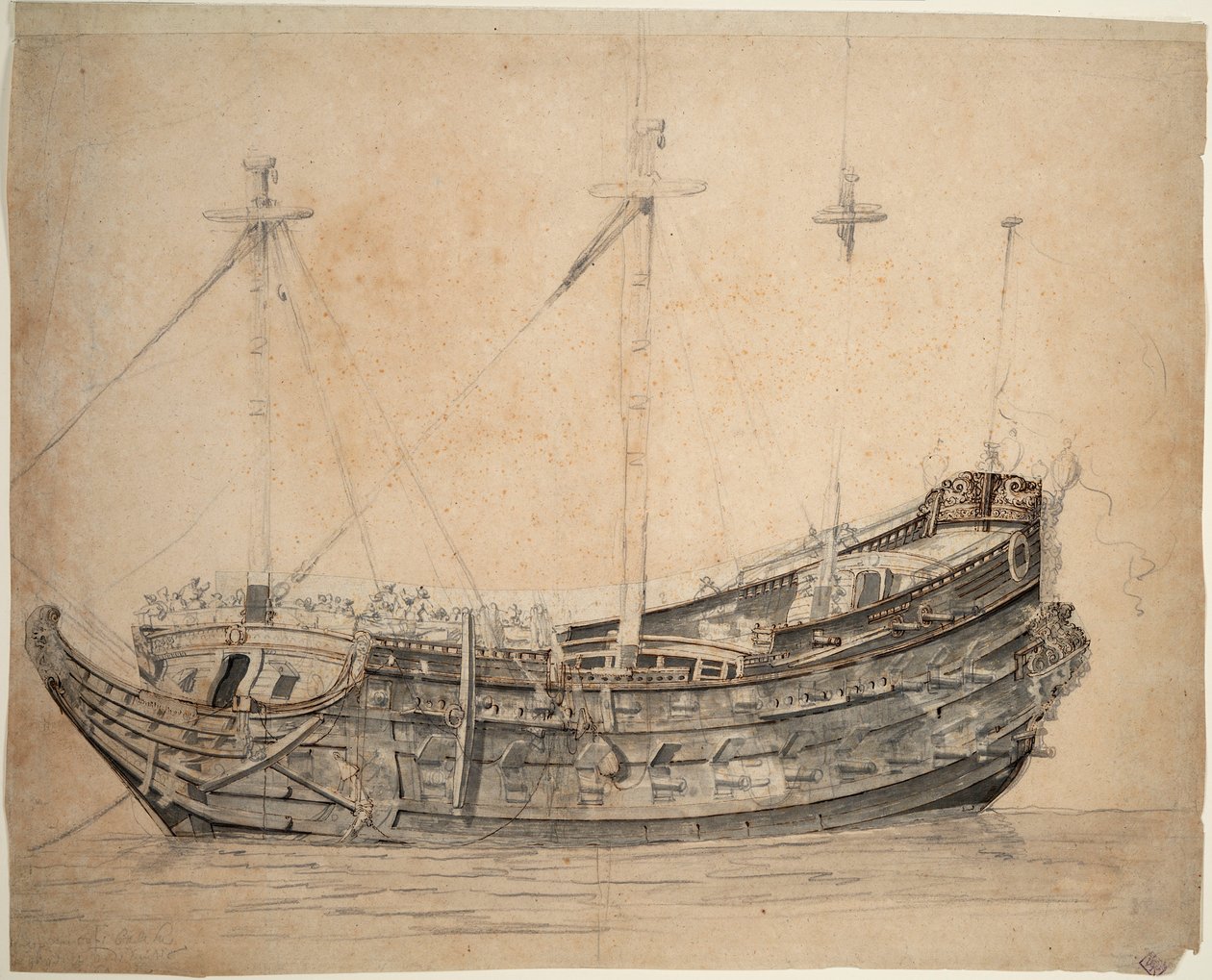 Vrijheid "号肖像，阿姆斯特丹海军部的 50 艘炮舰，建于 1651 年，1676 年在作战中被炸毁，约 1653 年（石墨、灰水、棕色钢笔、墨水） 作者 威廉·范·德·维尔德·韦尔德