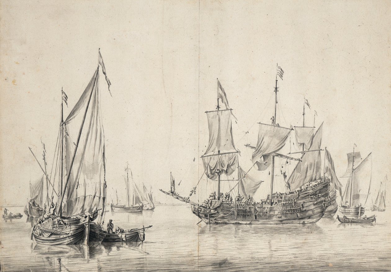 帆船和一艘正在晾晒风帆的荷兰护卫舰。素描和水洗（26x37 厘米），威廉-凡-德-维尔德-艾因（William van de Velde l