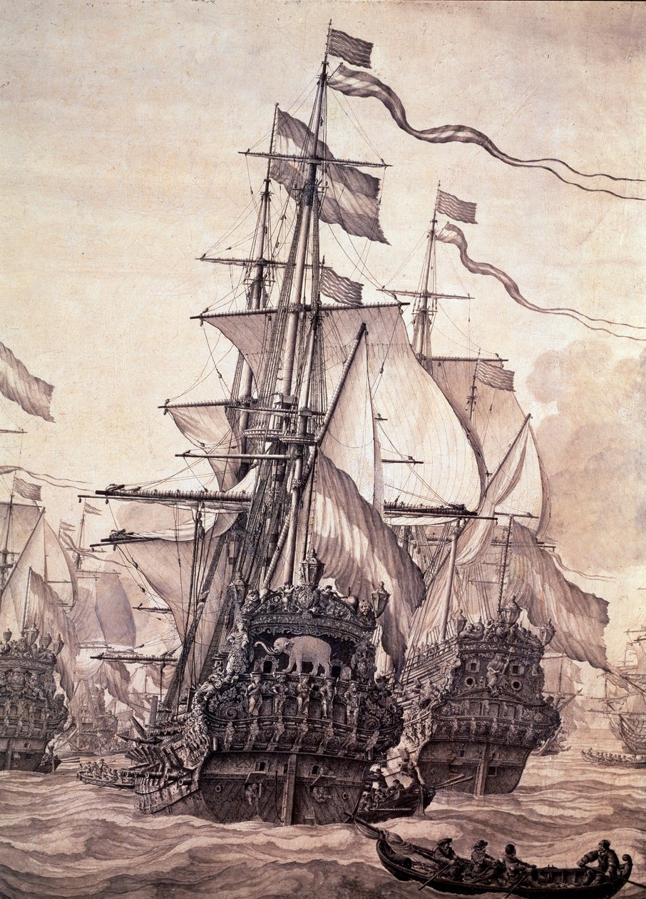 1672 年的荷兰舰队。细节 - 布面油画 作者 威廉·范·德·维尔德·韦尔德