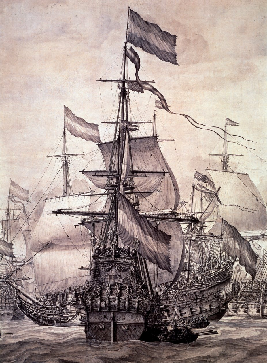 1672年的荷兰舰队。细节--布面油画 作者 威廉·范·德·维尔德·韦尔德